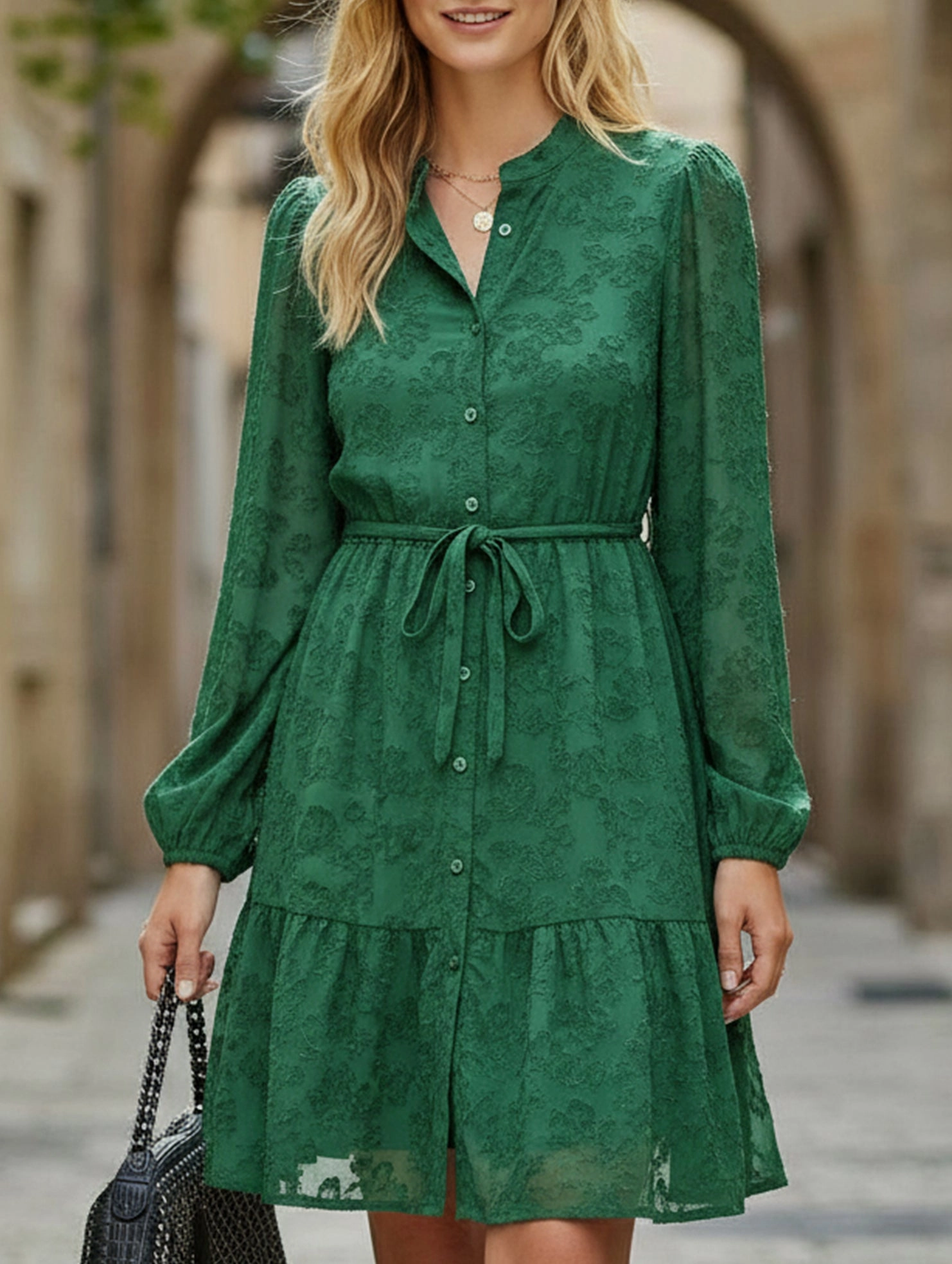 Villa Light petite size Retro style lace long sleeve puff sleeve dress