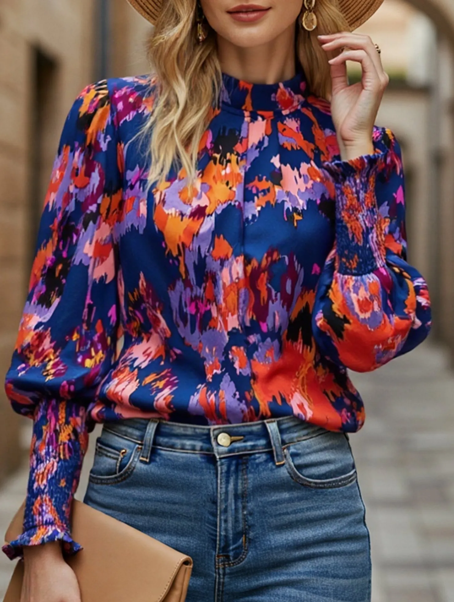 Sporty Top Metallic Fiber Blend WOMEN FITTED SMOCK CUFF MARBLE PRINTING BLOUSE