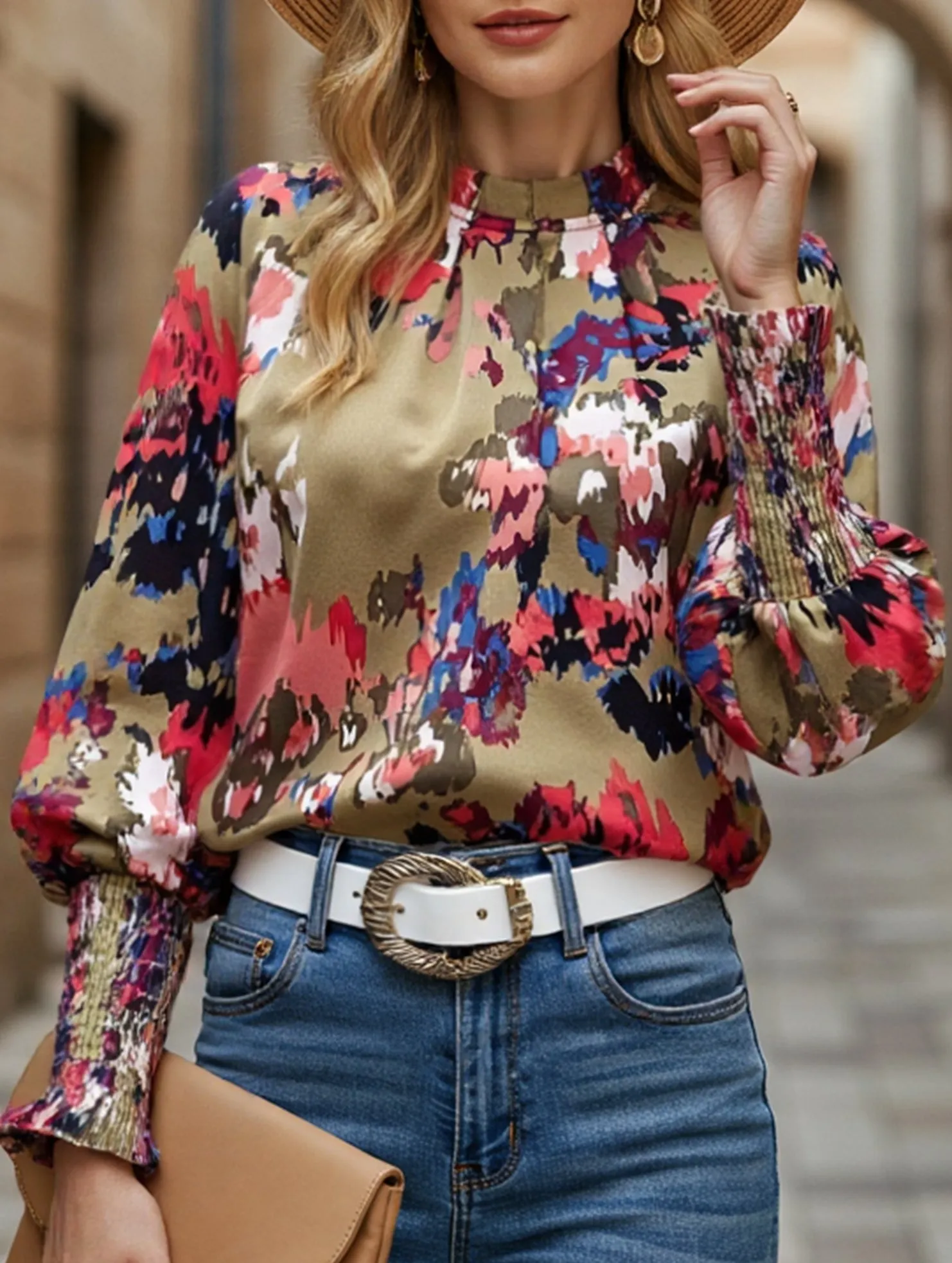 WOMEN FITTED SMOCK CUFF MARBLE PRINTING BLOUSE Adjustable Cuff Outdoor Wear