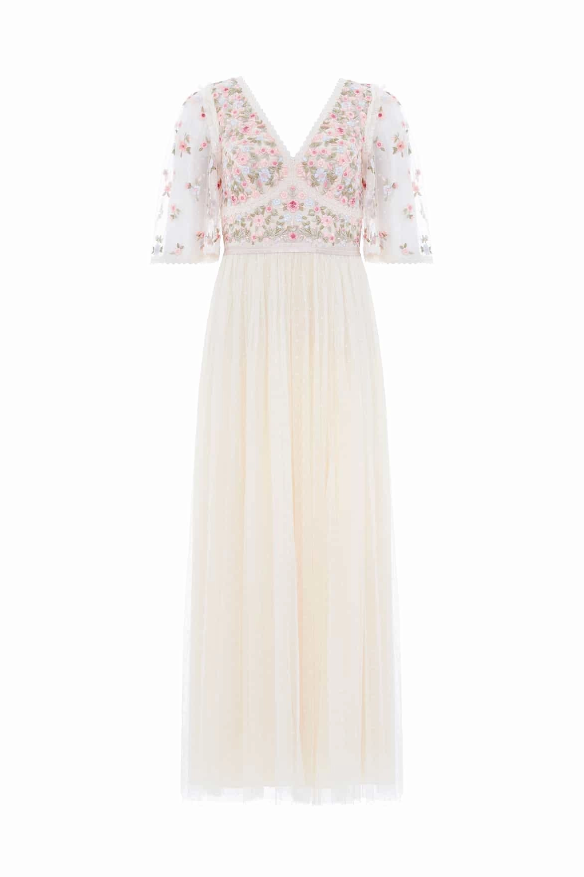 Lounge Cut Elegant Layers Ribbon Bouquet Bodice Ankle Gown