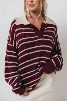 NaturalFiberBlend FullCut Shoulder Rochelle Stripe Sweater with Contrast Collar in Burgundy