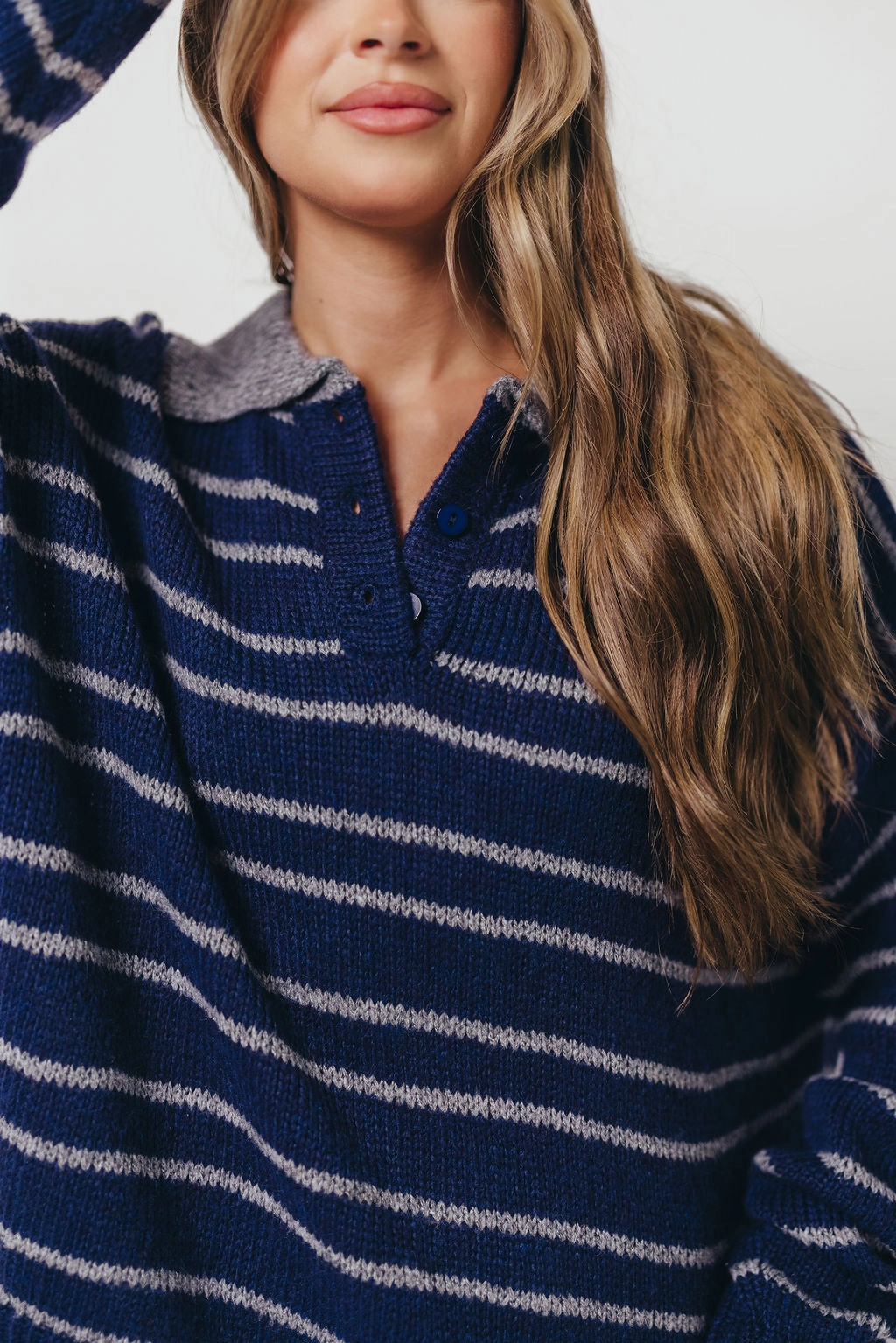 Rochelle Stripe Sweater with Contrast Collar in Navy Stretch Material ErgonomicSleeves
