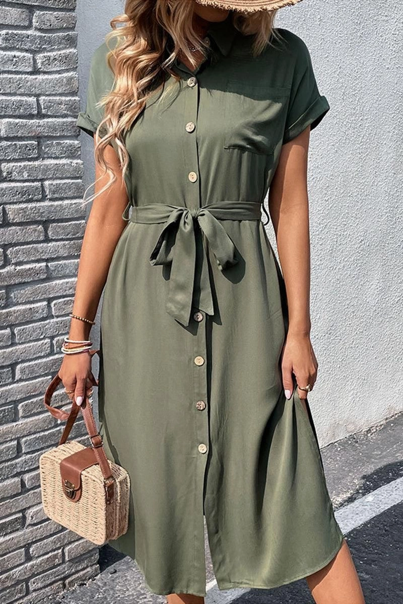 ROLL UP SLEEVE BUTTON UP BELTED SLIT DRESS Everyday-Comfort Basic Shape