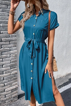 ROLL UP SLEEVE BUTTON UP BELTED SLIT DRESS Fitted Neat