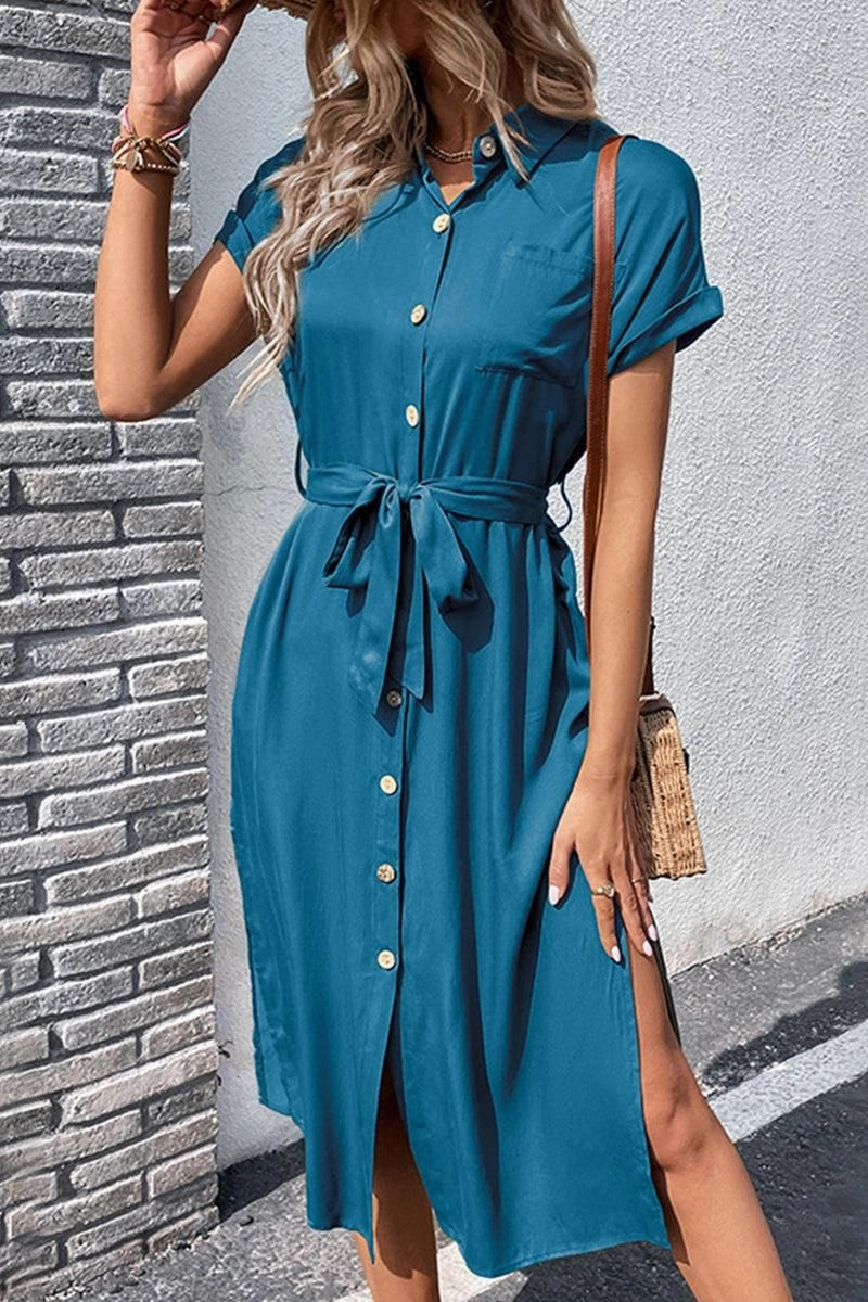 ROLL UP SLEEVE BUTTON UP BELTED SLIT DRESS High-Neck Fashion-Forward Fit