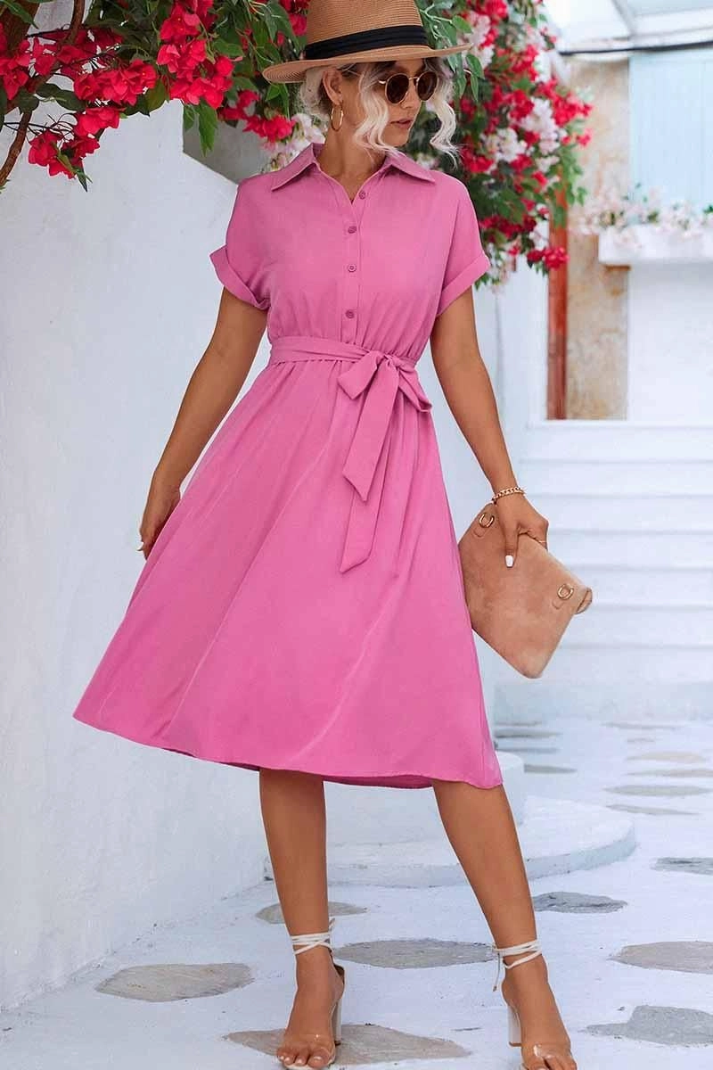 ROLL UP SLEEVE TIED WAIST FLARE SHIRTS DRESS Fit Focused Street Casual