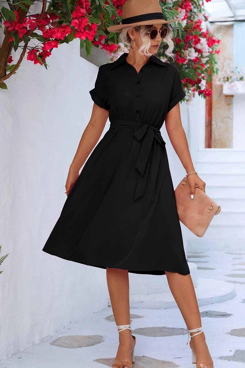 ROLL UP SLEEVE TIED WAIST FLARE SHIRTS DRESS Seasonal Essential Crisp Texture