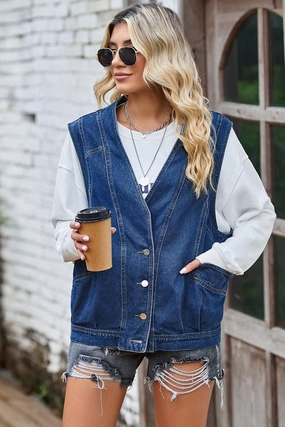 BUTTON CLOSURE LOOSE FIT DENIM VEST High Density Weave EasyCare Material