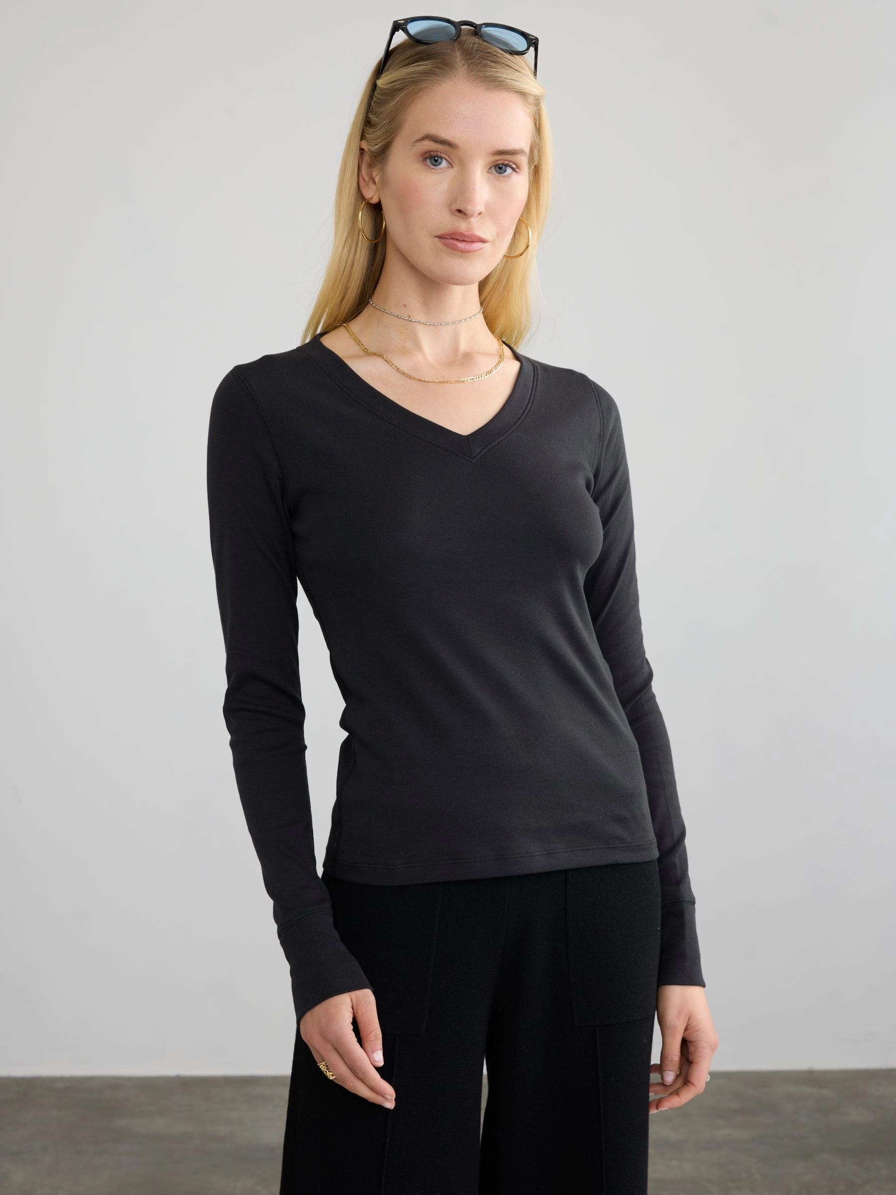 RIBBED COTTON L/S V-NECK FourWayStretch