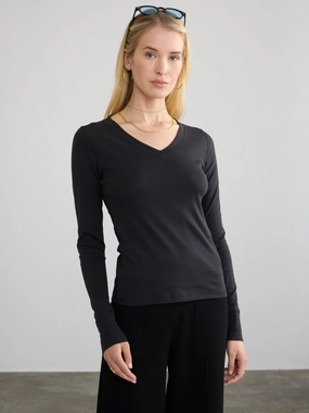 RIBBED COTTON L/S V-NECK Distressed Texture