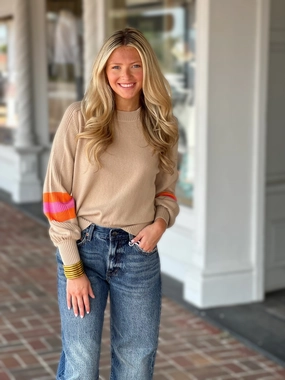 Vilagallo Knit Balloon Sleeve Sweater in Brown Cool Weather Fleece Pullover