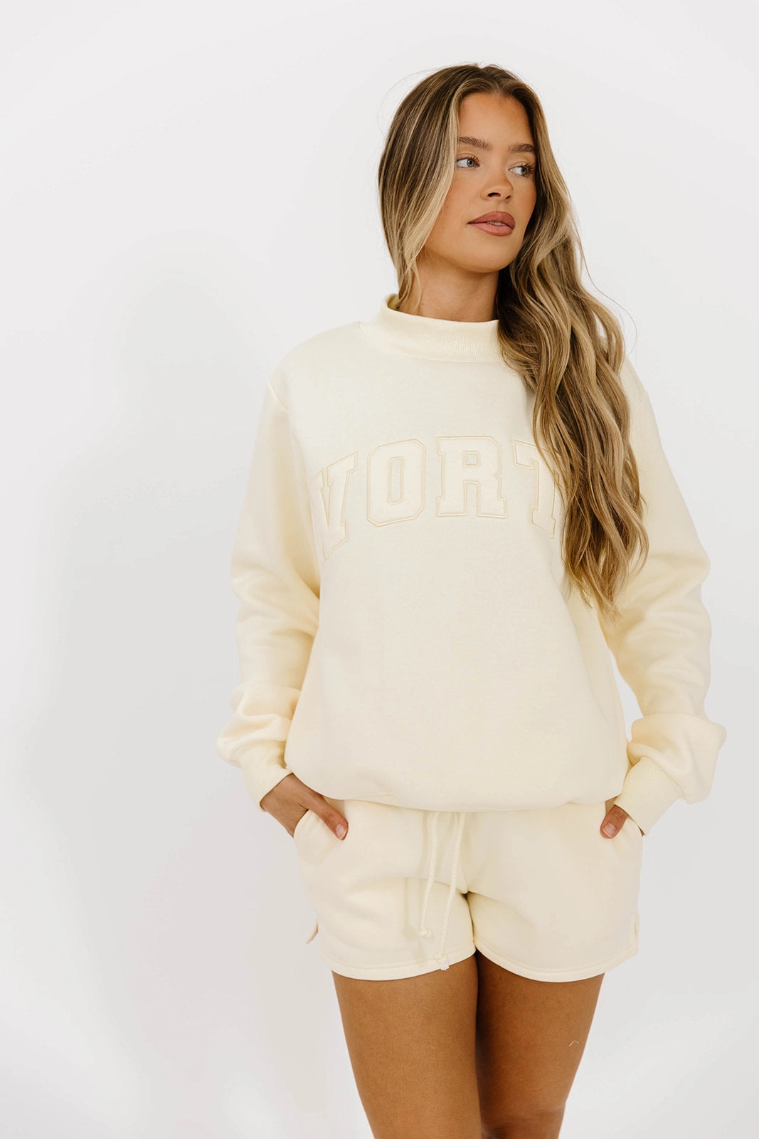 Refined Mood Polished Style Basic Blank Sweat Shorts in Toasted Cream