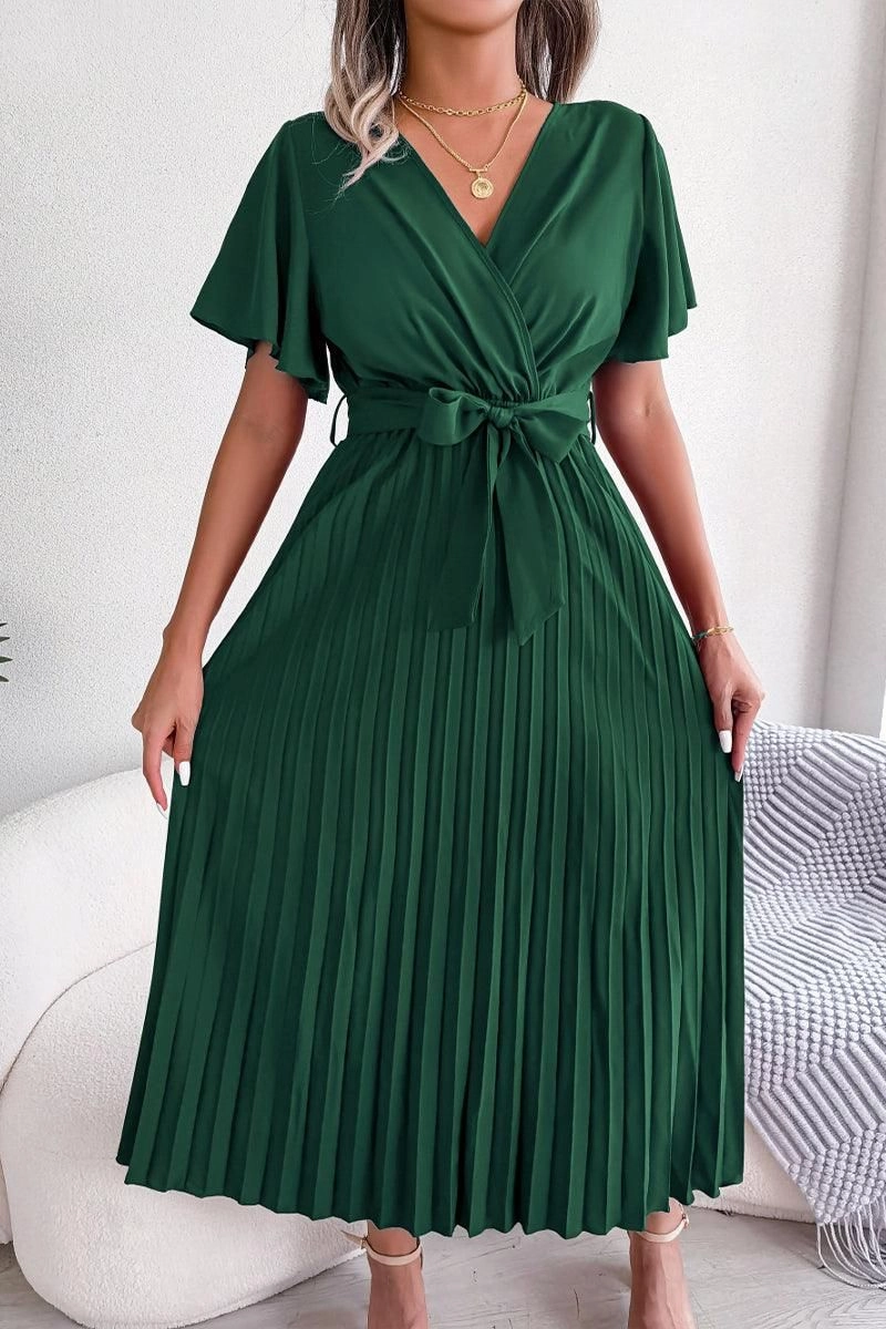 WOMEN CAPE SLEEVE TIED WAIST PLEATED LONG DRESS Chic Fit Texture Play