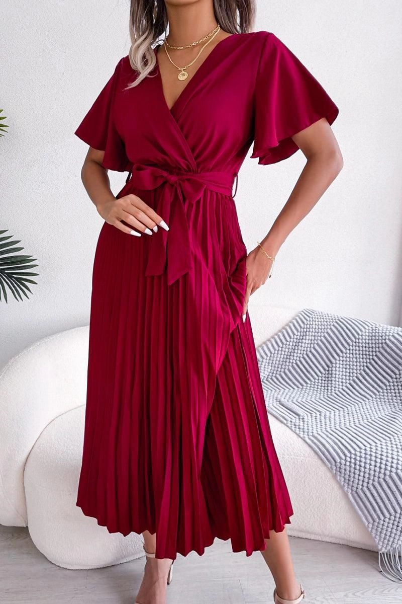 WOMEN CAPE SLEEVE TIED WAIST PLEATED LONG DRESS Soft-touch daywear