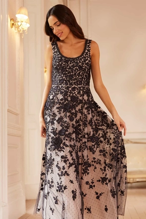 Rosa Scoop Neck Ankle Gown Lace-Sleeve Front Ruffle