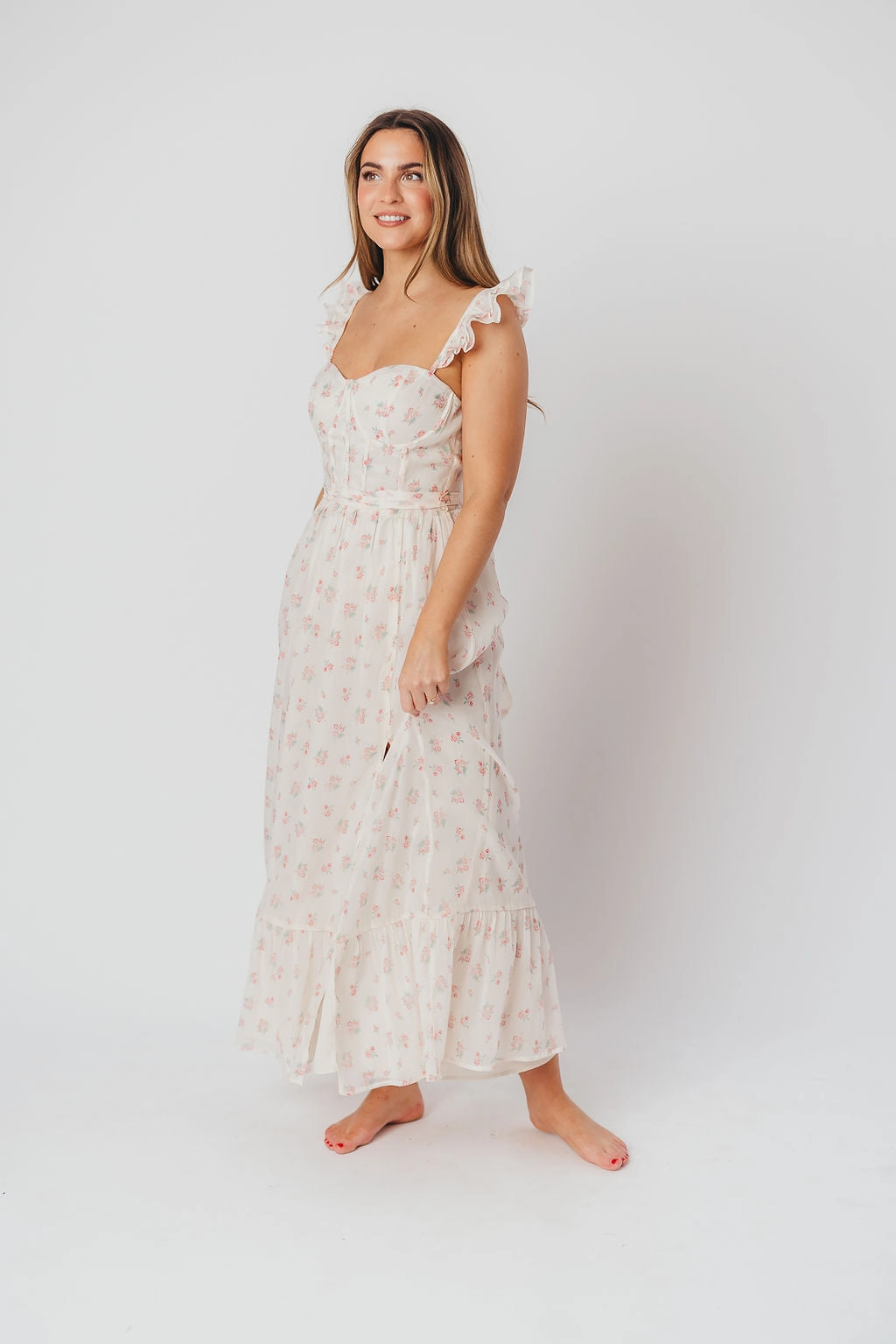 Polished look dress Light Bow Rosamund Bustier-Style Maxi Dress in Blush Pink Floral - Inclusive Sizing (S-3XL) *Final-Sale*