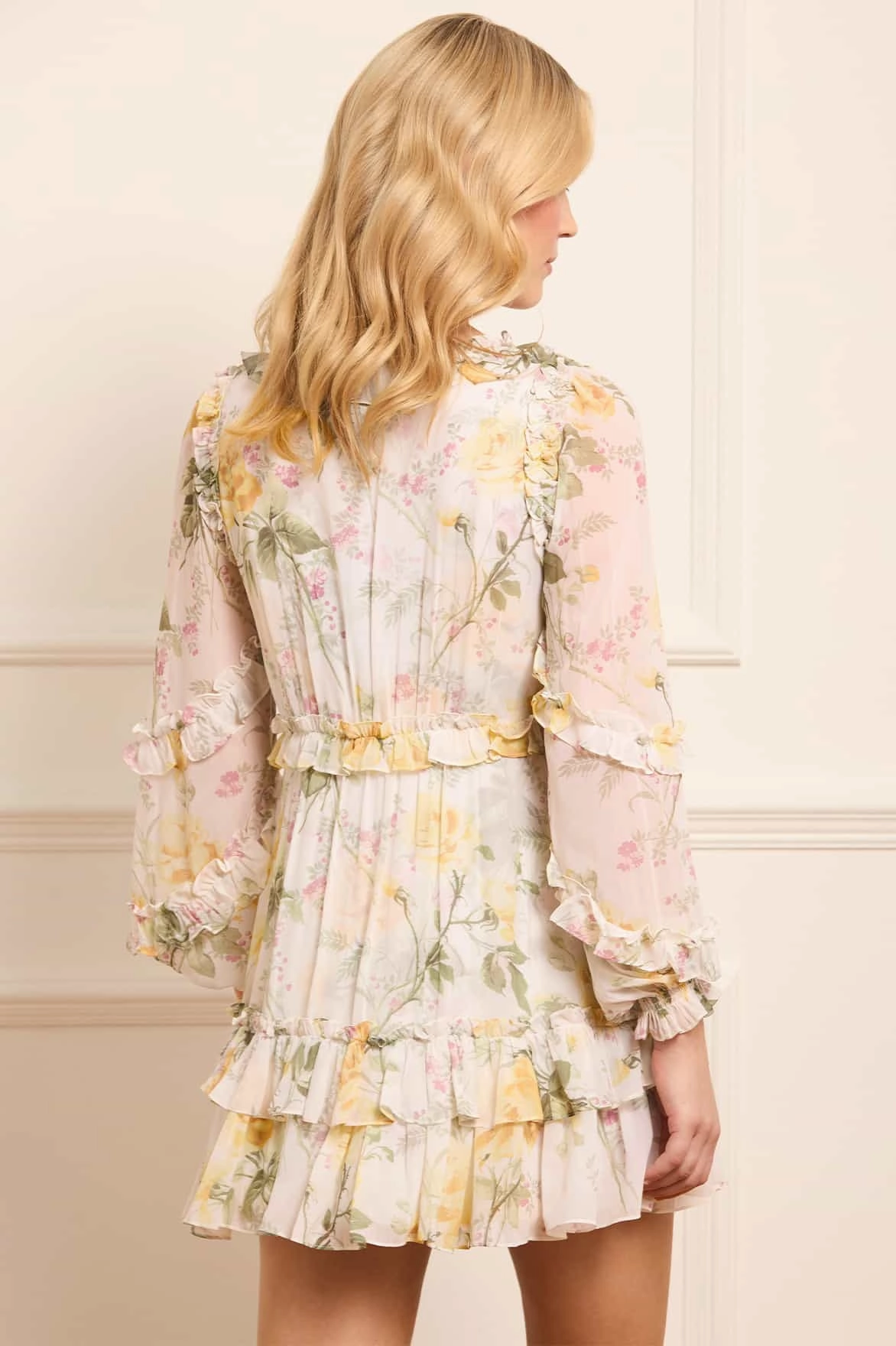 Feather Light Rose Chiffon Long Sleeve Micro Mini Dress