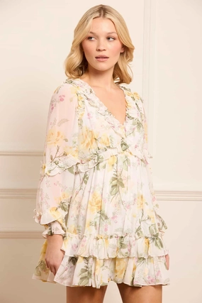 luxe feel Rose Chiffon Long Sleeve Micro Mini Dress