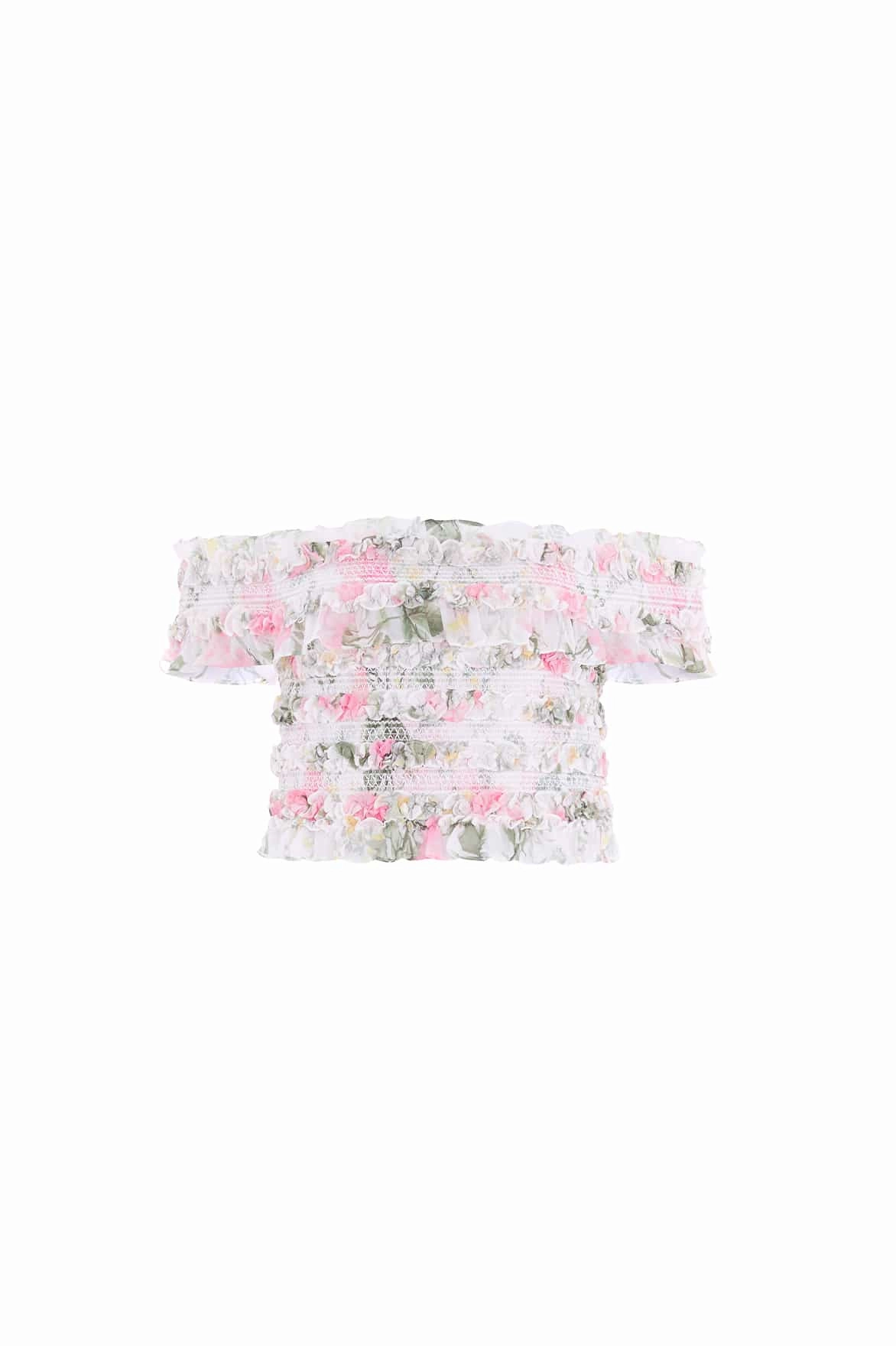 Mesh Lining FrayResistant Fabric Rose Chiffon Smocked Off-Shoulder Top