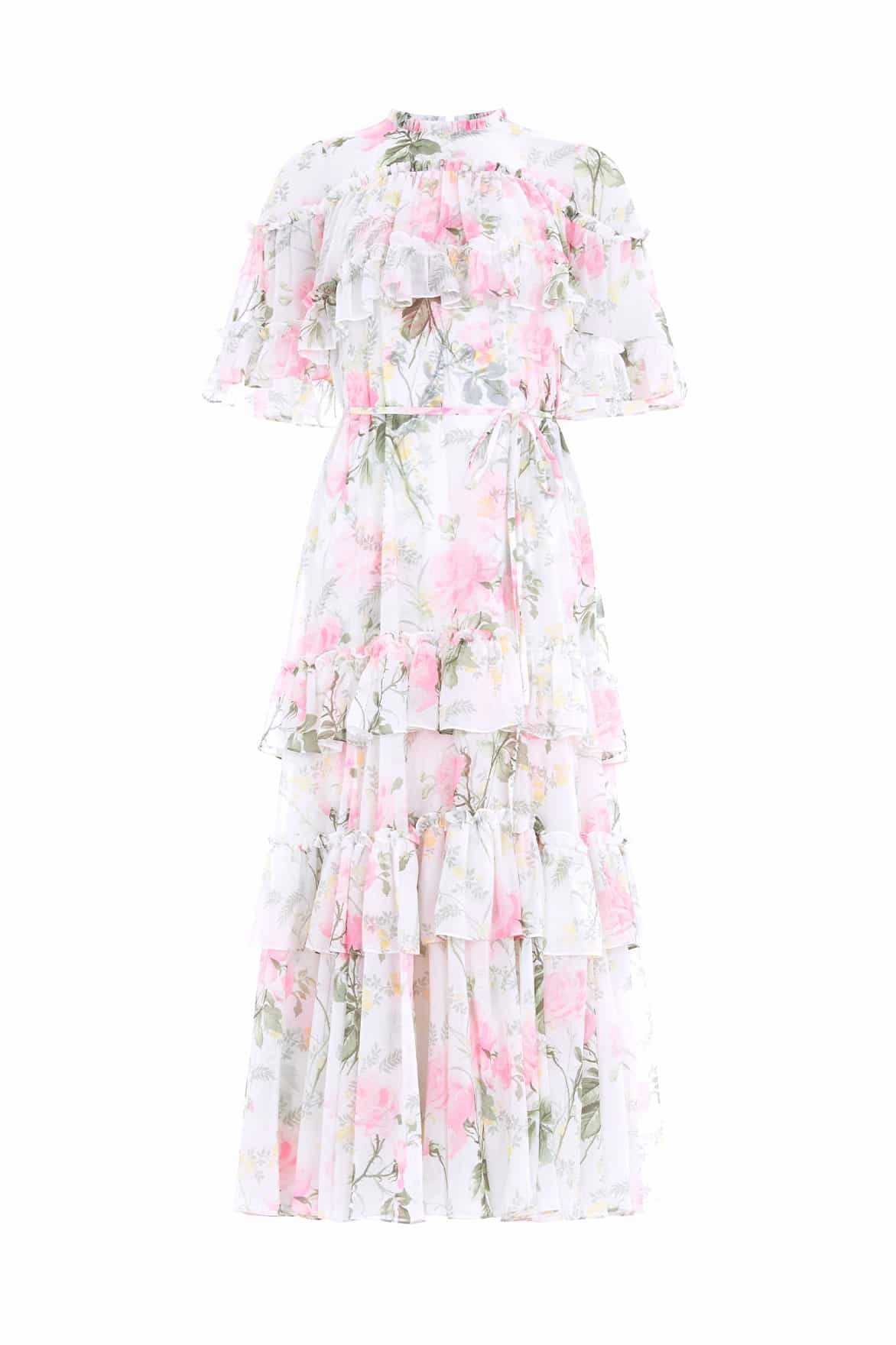Rose Chiffon Tiered Cape Ankle Gown Feminine Structure Minimalist fit-and-flare