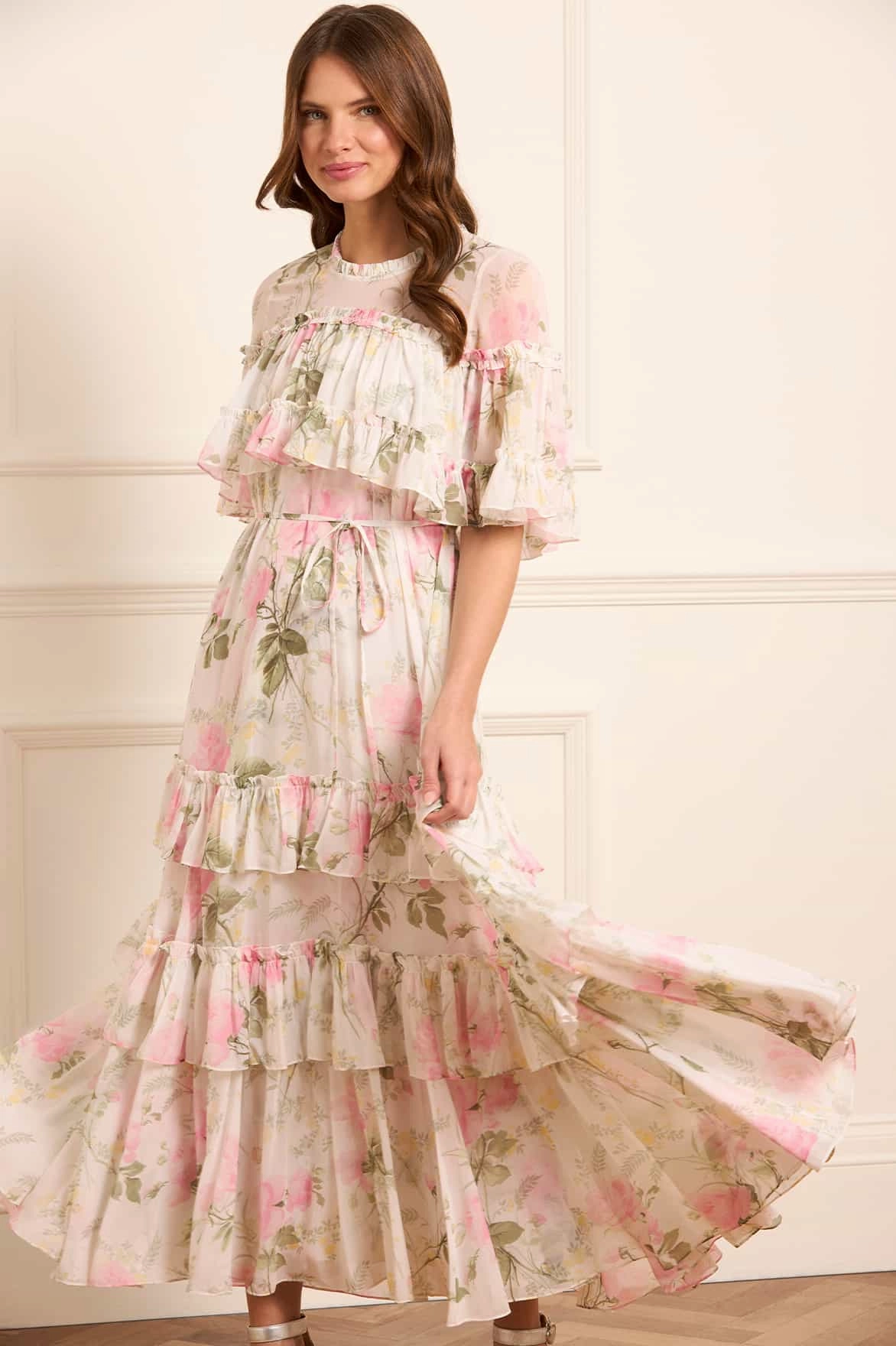 Chic Motion Timeless Fashion Rose Chiffon Tiered Cape Ankle Gown