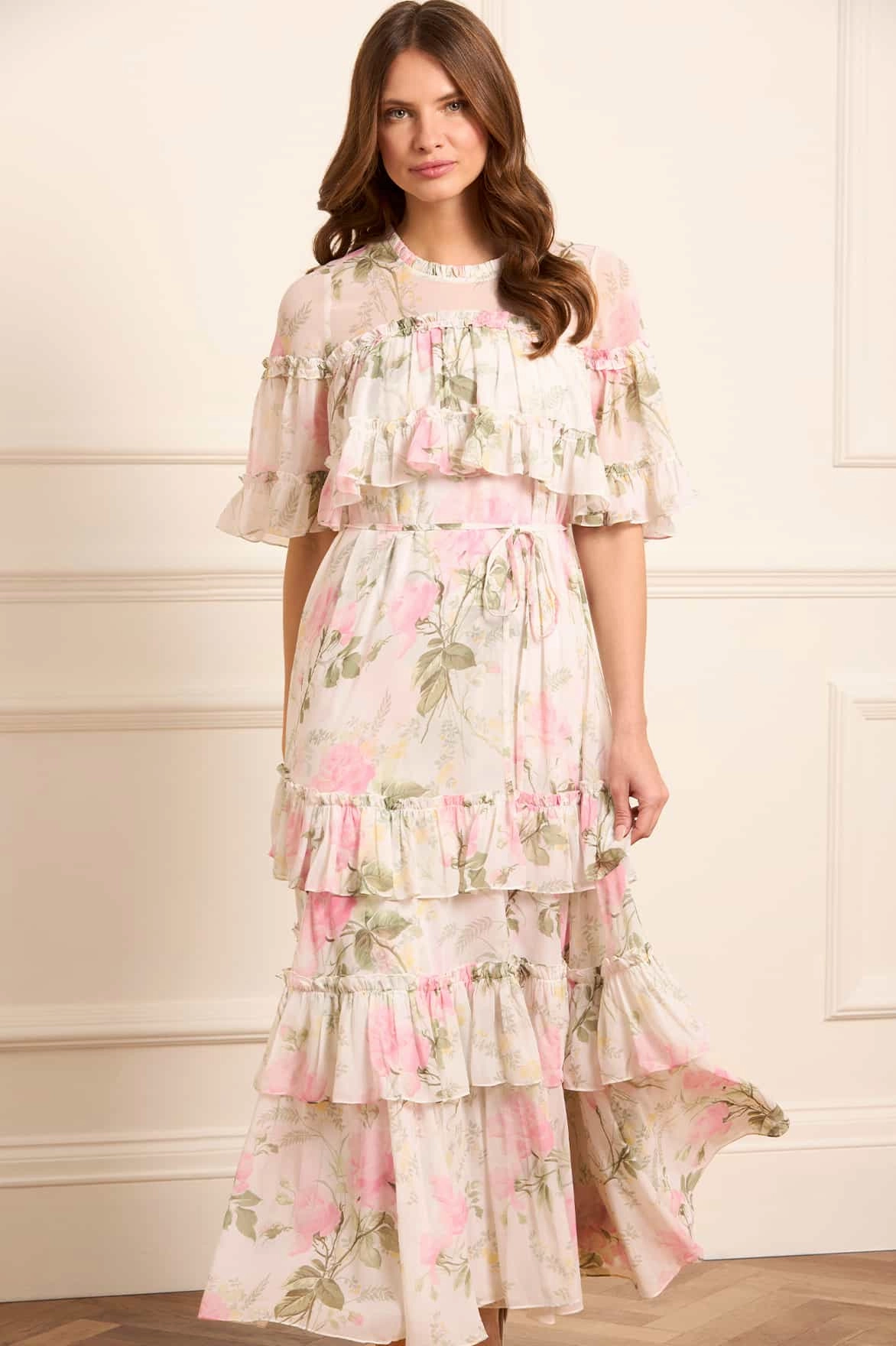 Light Aesthetic Rose Chiffon Tiered Cape Ankle Gown