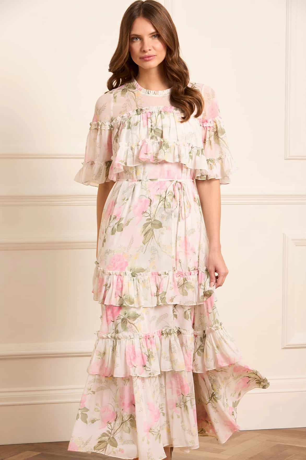 Rose Chiffon Tiered Cape Ankle Gown Gentle Texture