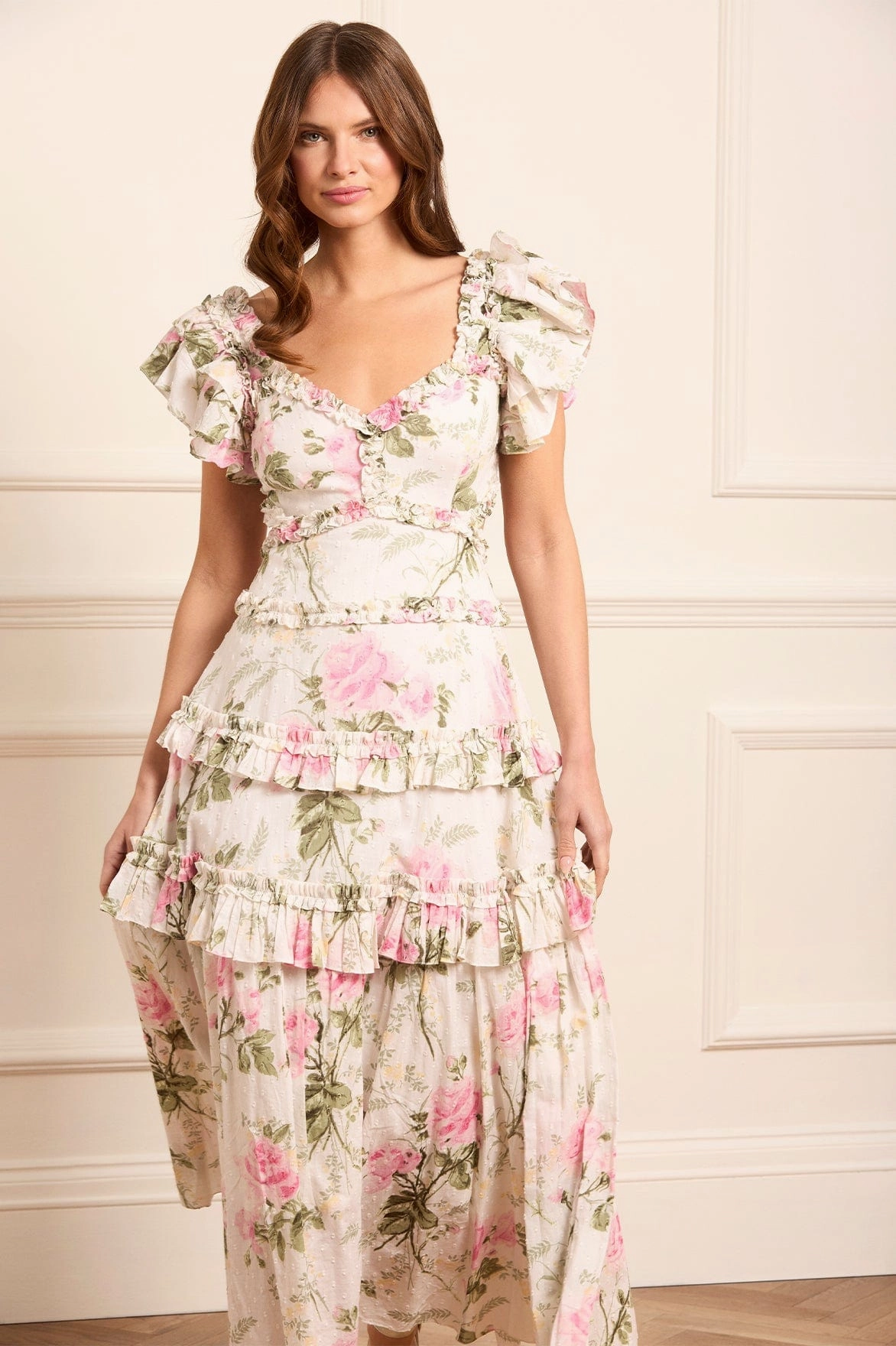 Ruffle Hem Rose Cotton Backless Ankle Gown