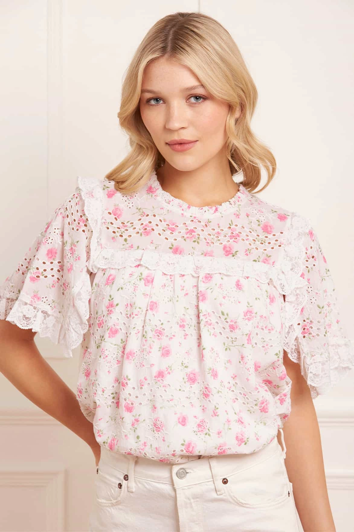 RawHemDetail Workout Apparel Rose Ditsy Cotton Broderie Top