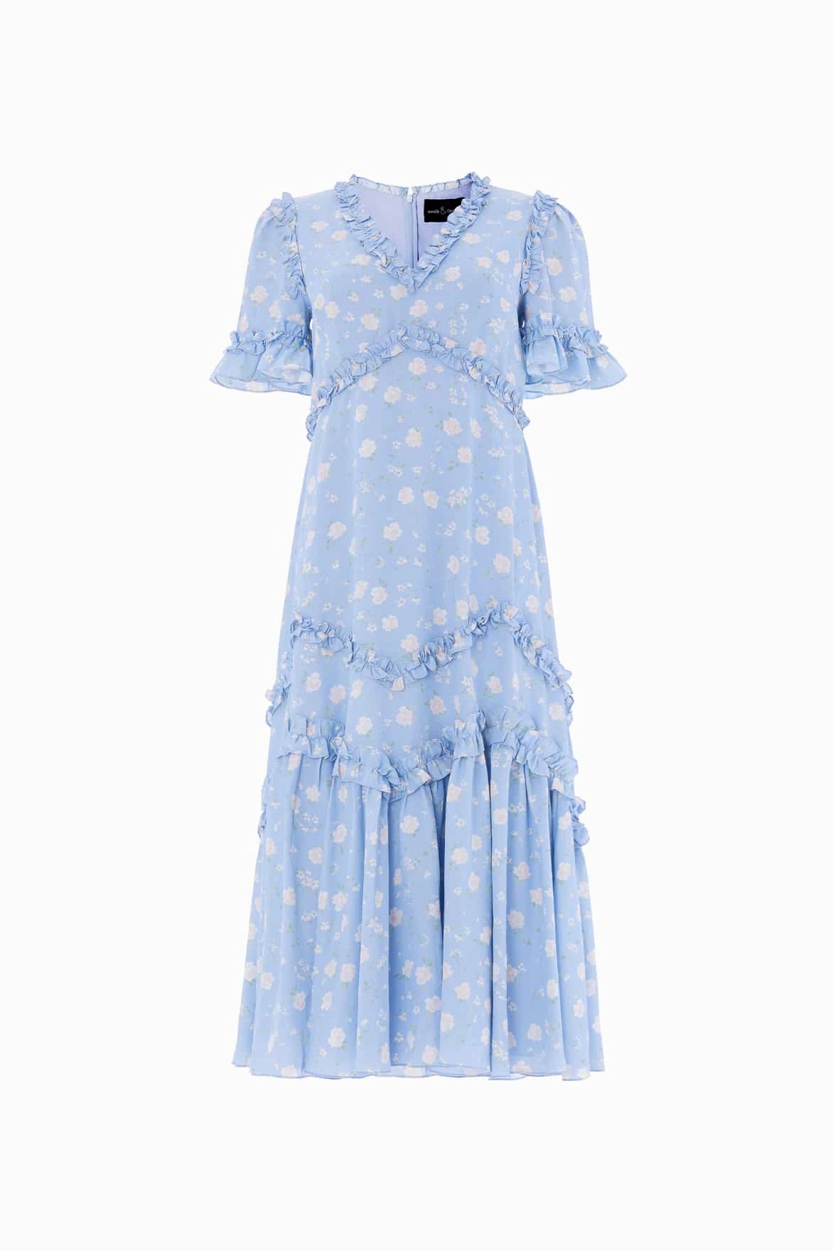 Rose Ditsy Satin V-Neck Ballerina Dress Mesh-Sleeve