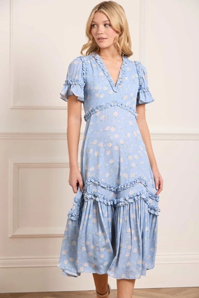 High-Fashion Bloom Soft Rose Ditsy Satin V-Neck Ballerina Dress