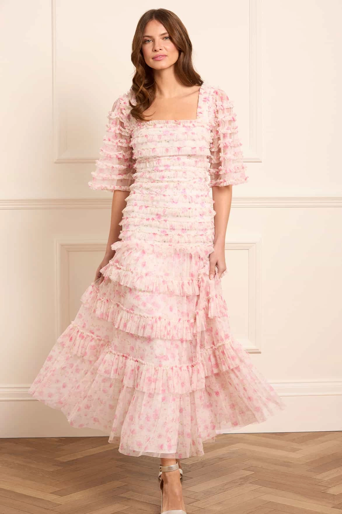 Rose Ditsy Short Sleeve Ankle Gown Minimal Motion Sheer Panel