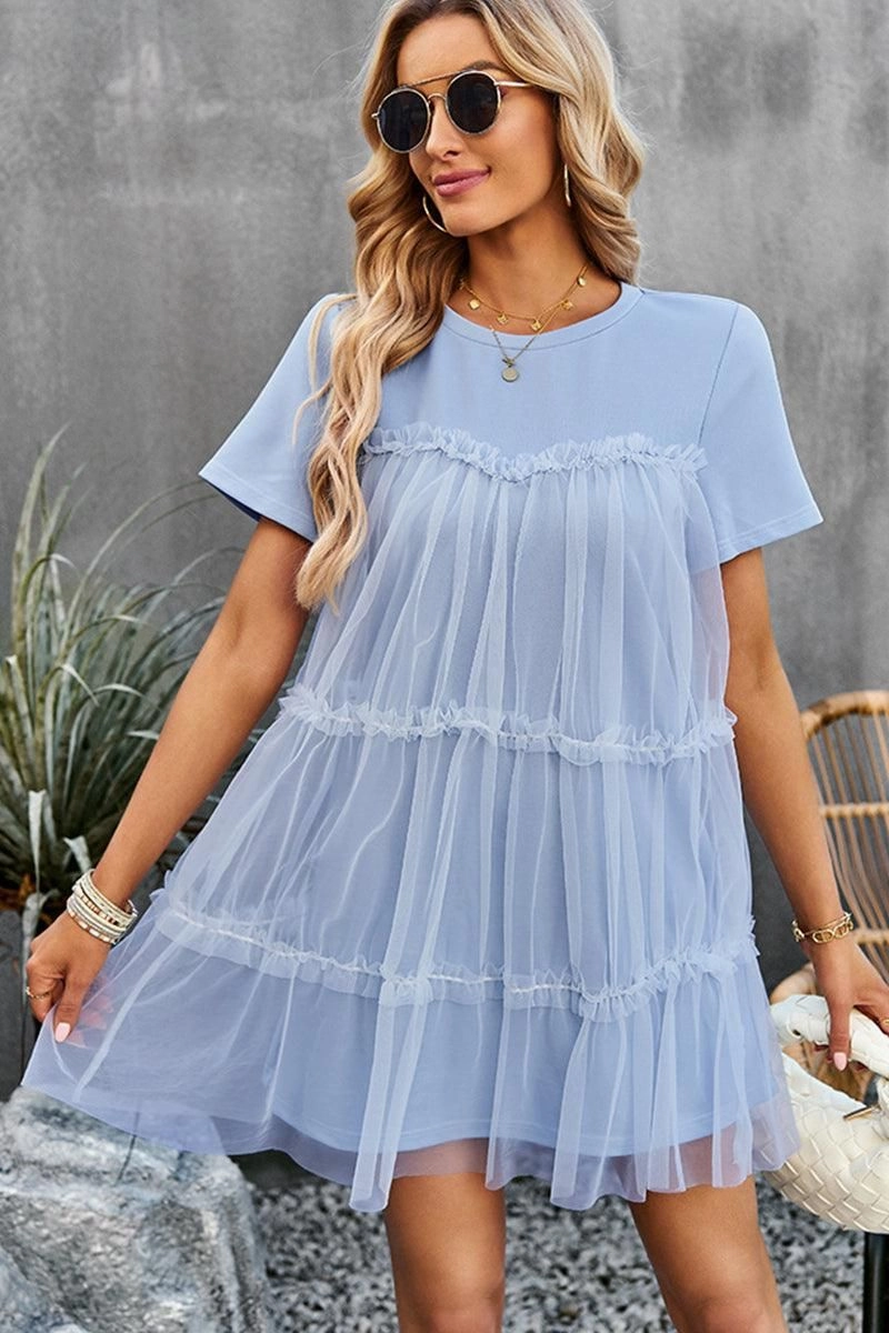 Functional-Design Earth-Tone ROUND NECK GAUZE SPLICING SHORT DRESS