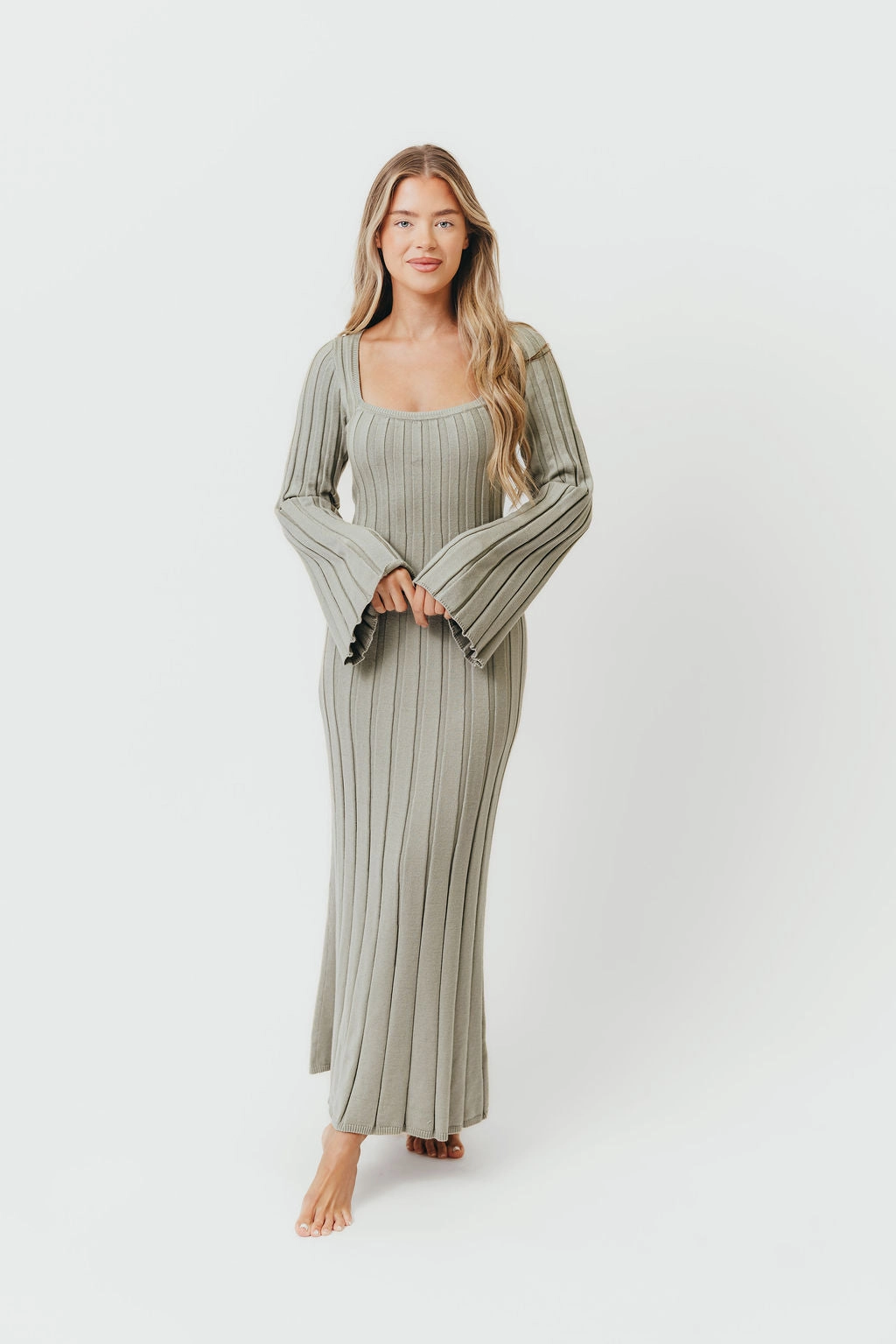 Calm Aesthetic Silky Shine Rowan Square Neck Maxi Dress in Green