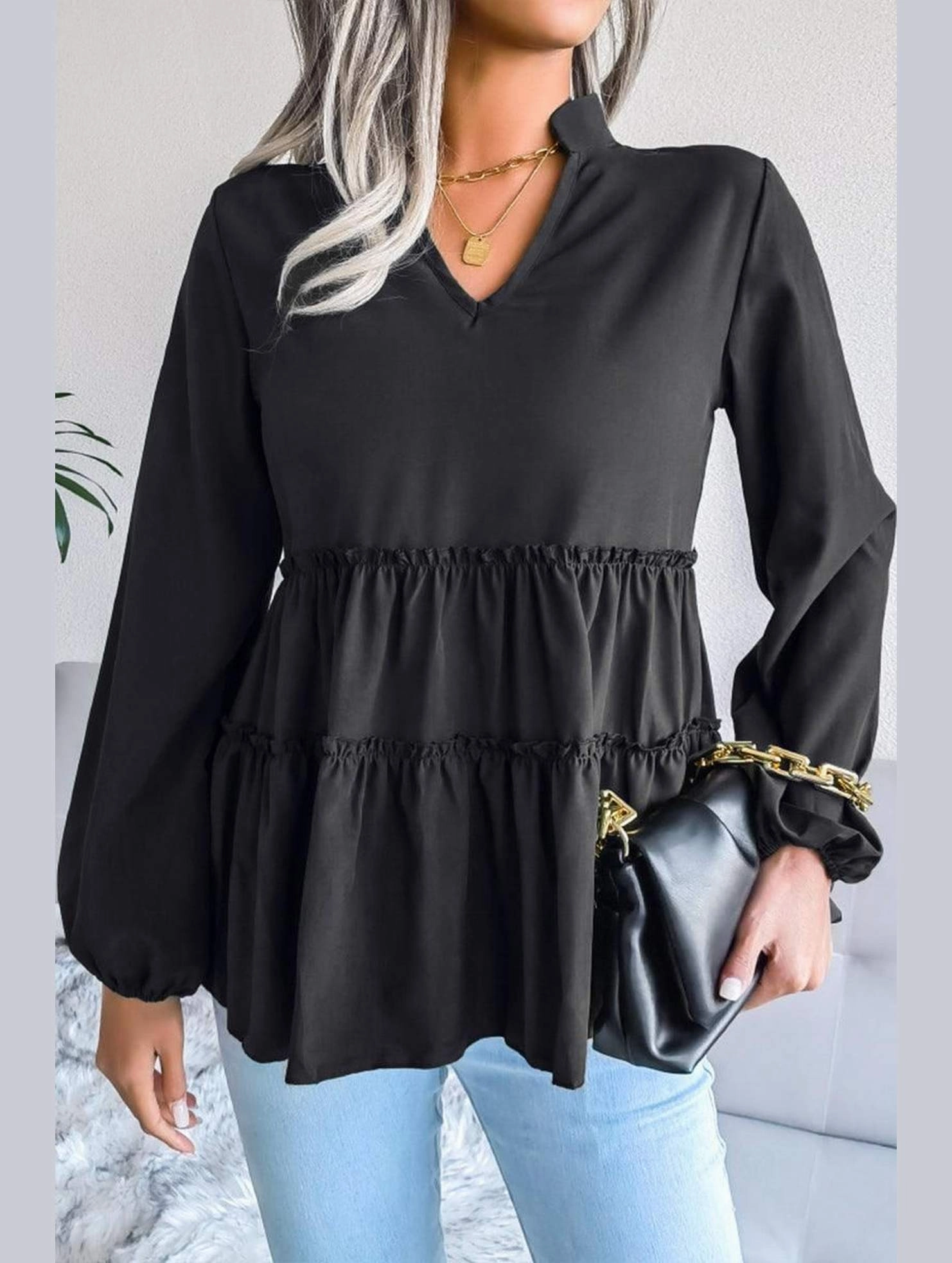 LANTERN LONG SLEEVE RUFFLED CHIFFON TUNIC TOP LowProfile Zipper SeamlessSidePanels