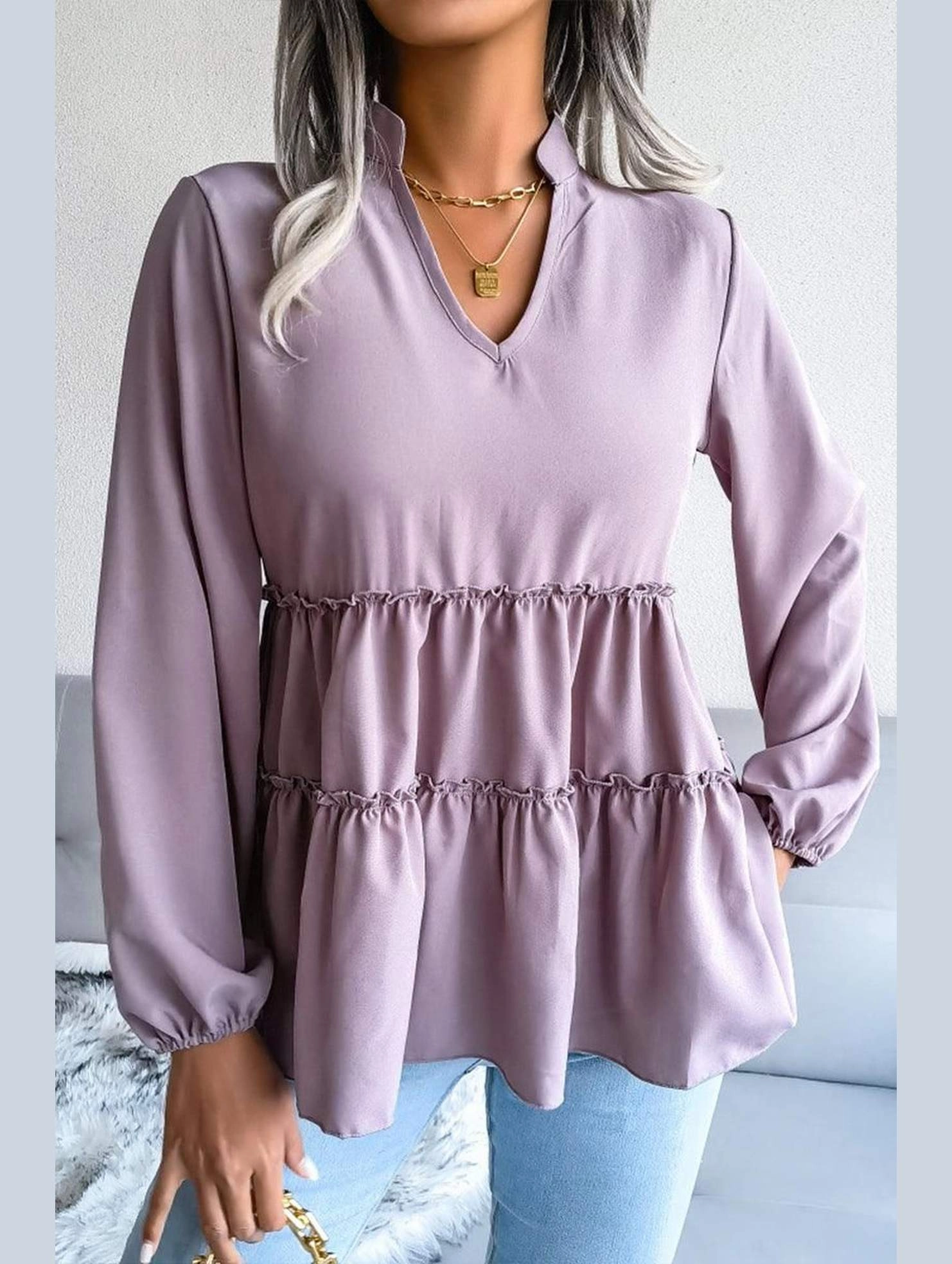 LANTERN LONG SLEEVE RUFFLED CHIFFON TUNIC TOP Flexible Neckline Casual dress