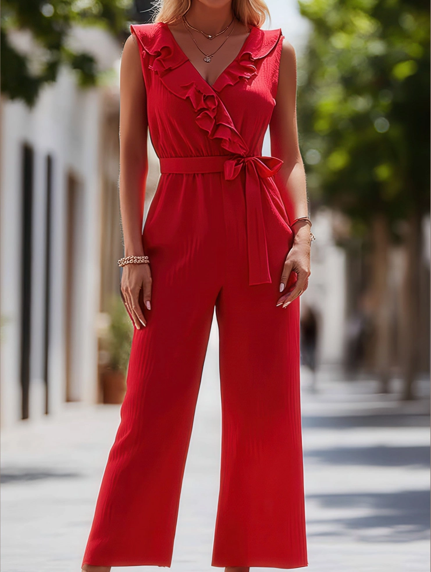 Ruffle V-Neck Sleeveless Belted Jumpsuit ??Elegant Solid Color Women's Jumpsuit Soft Wool Tailored Silhouette