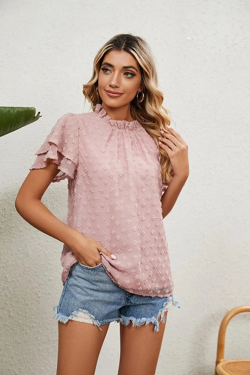 RUFFLED ROUND NECK JACQUARD WEAVE CHIFFON BLOUSE Relaxed Design Minimalist Design