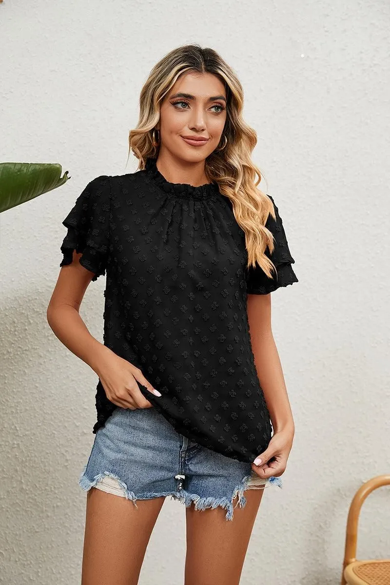 RUFFLED ROUND NECK JACQUARD WEAVE CHIFFON BLOUSE DoubleStitchedSeams