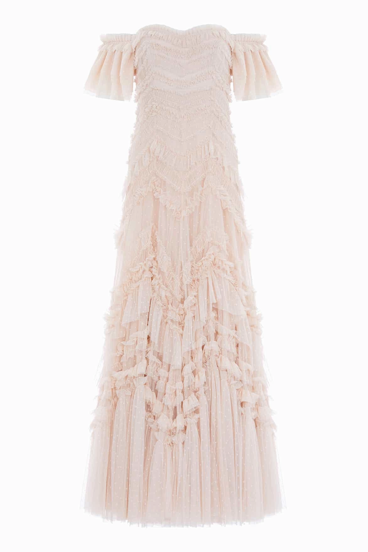 Scoop-Neck Elia Off-Shoulder Gown