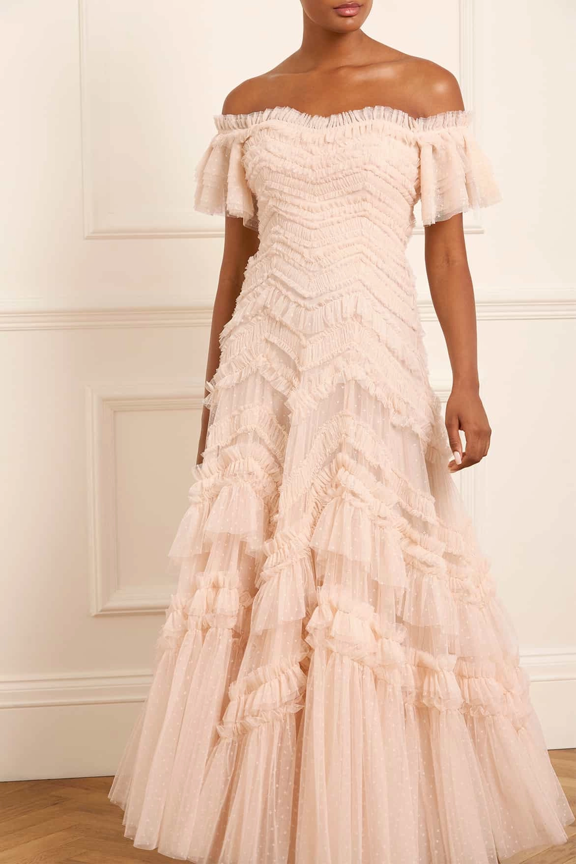 Bishop-Sleeve Elia Off-Shoulder Gown