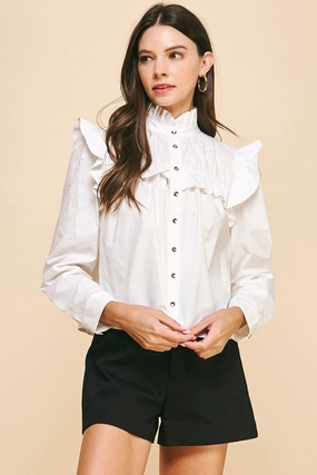 Fade Resistant Dye Sadie Poplin Ruffle Button Down Top