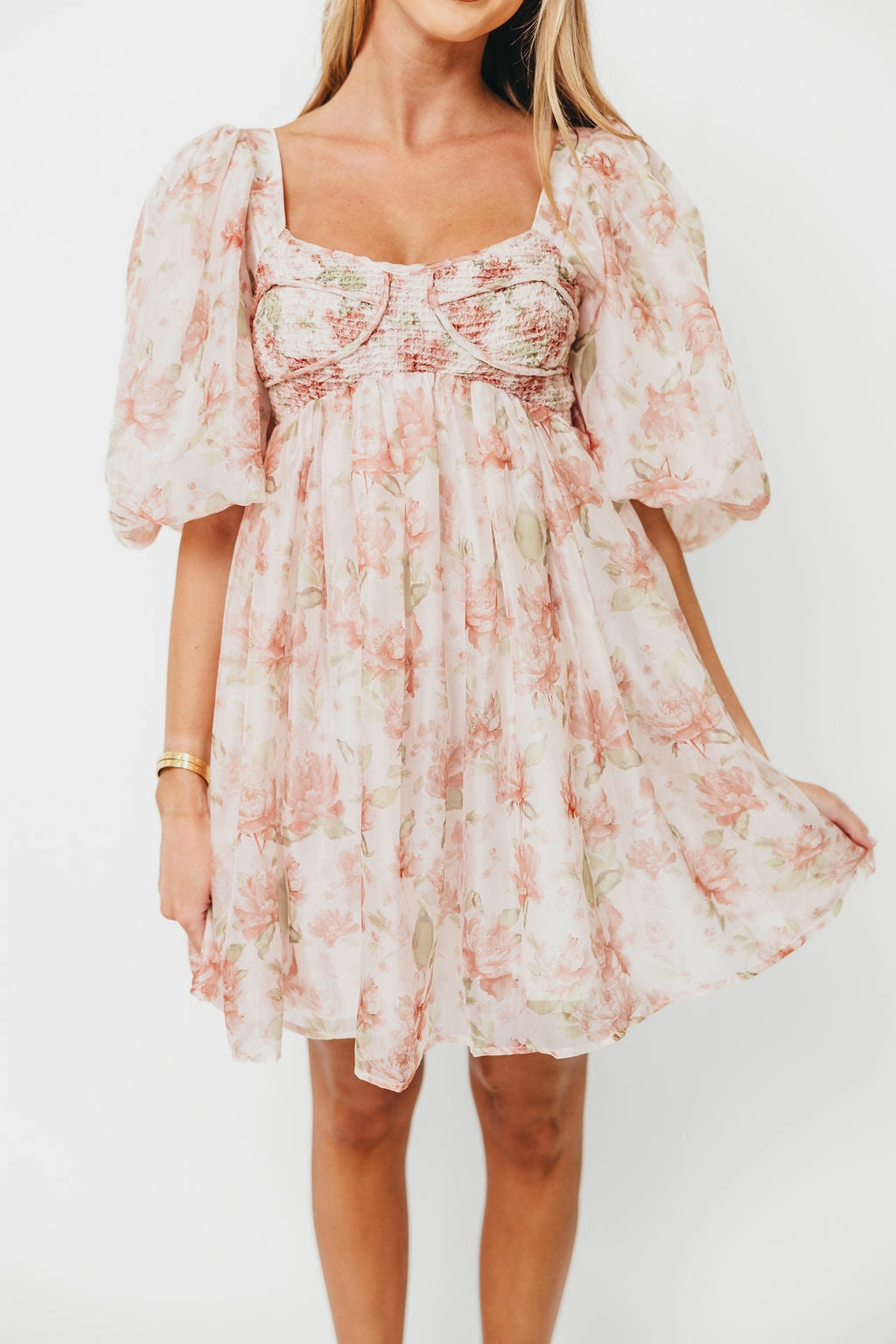 Saint Malo Floral Smocked Mini Dress in Peach *Final-Sale* Cozy Layers