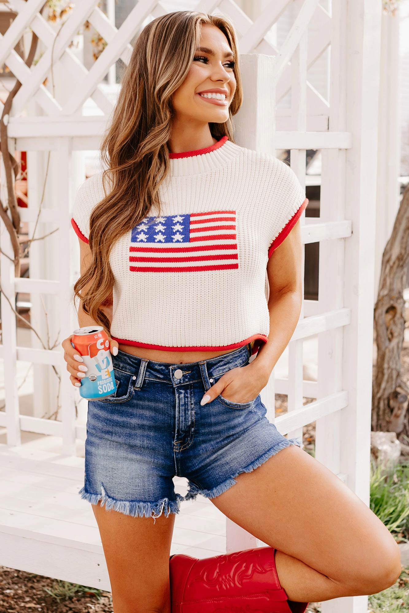 Organic Cotton Blend Salute The Flag American Flag Sweater Top (Cream)