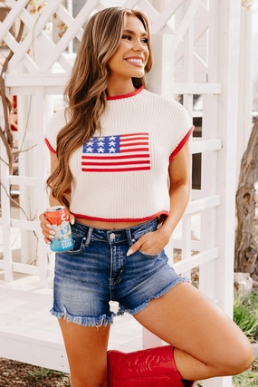 Organic Cotton Blend Salute The Flag American Flag Sweater Top (Cream)