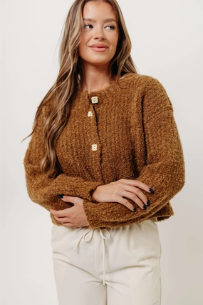 ReinforcedStitching NonRestrictiveSilhouette Samara Plush Cardigan Top in Dark Mustard