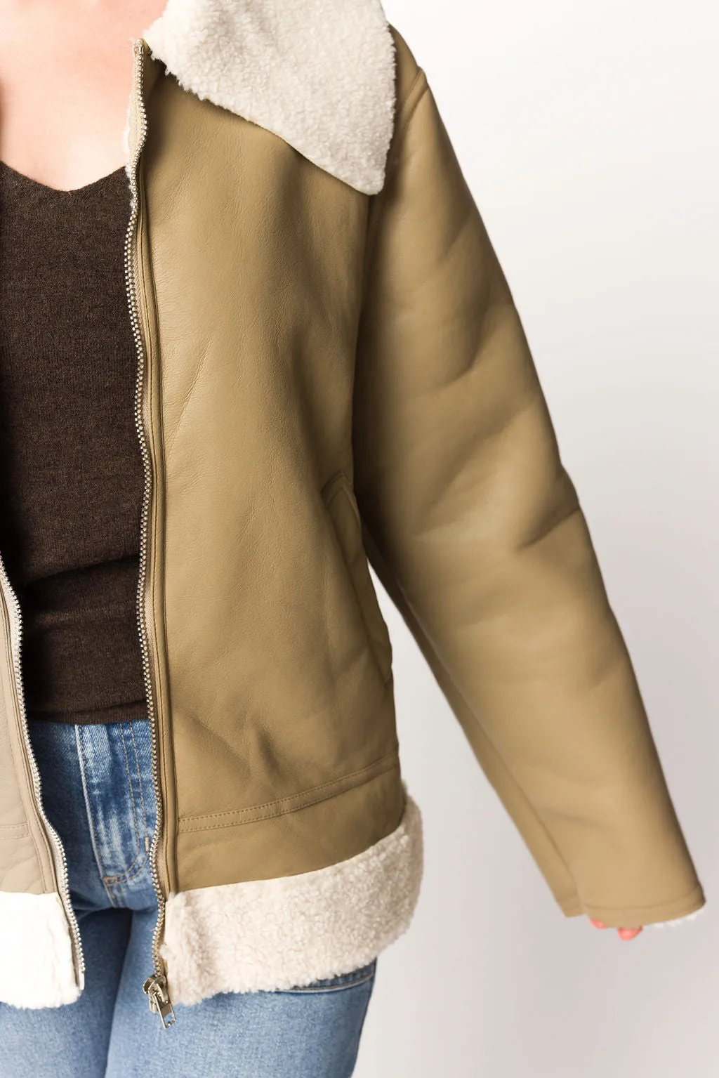 Buttery Soft Feel Ultra Soft Texture Sammy Vegan Leather and Shearling Jacket in Sandstone *Final-Sale*
