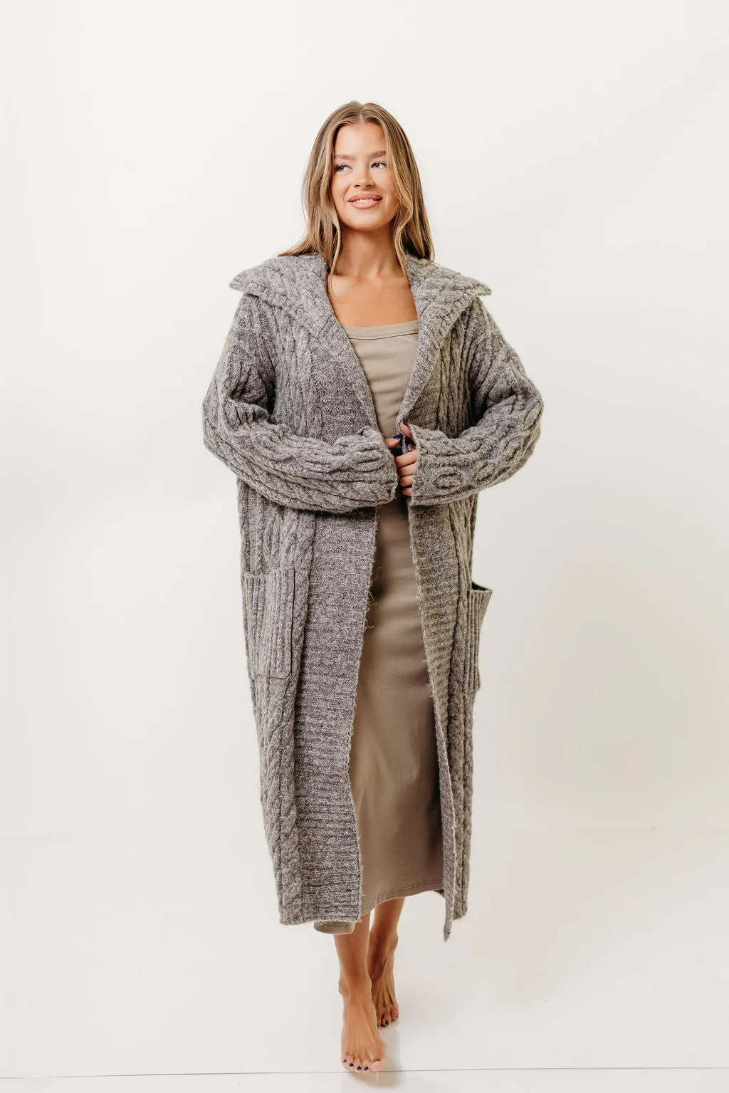 Long Sleeve Shirt Sandra Cable Knit Cardigan Jacket in Charcoal