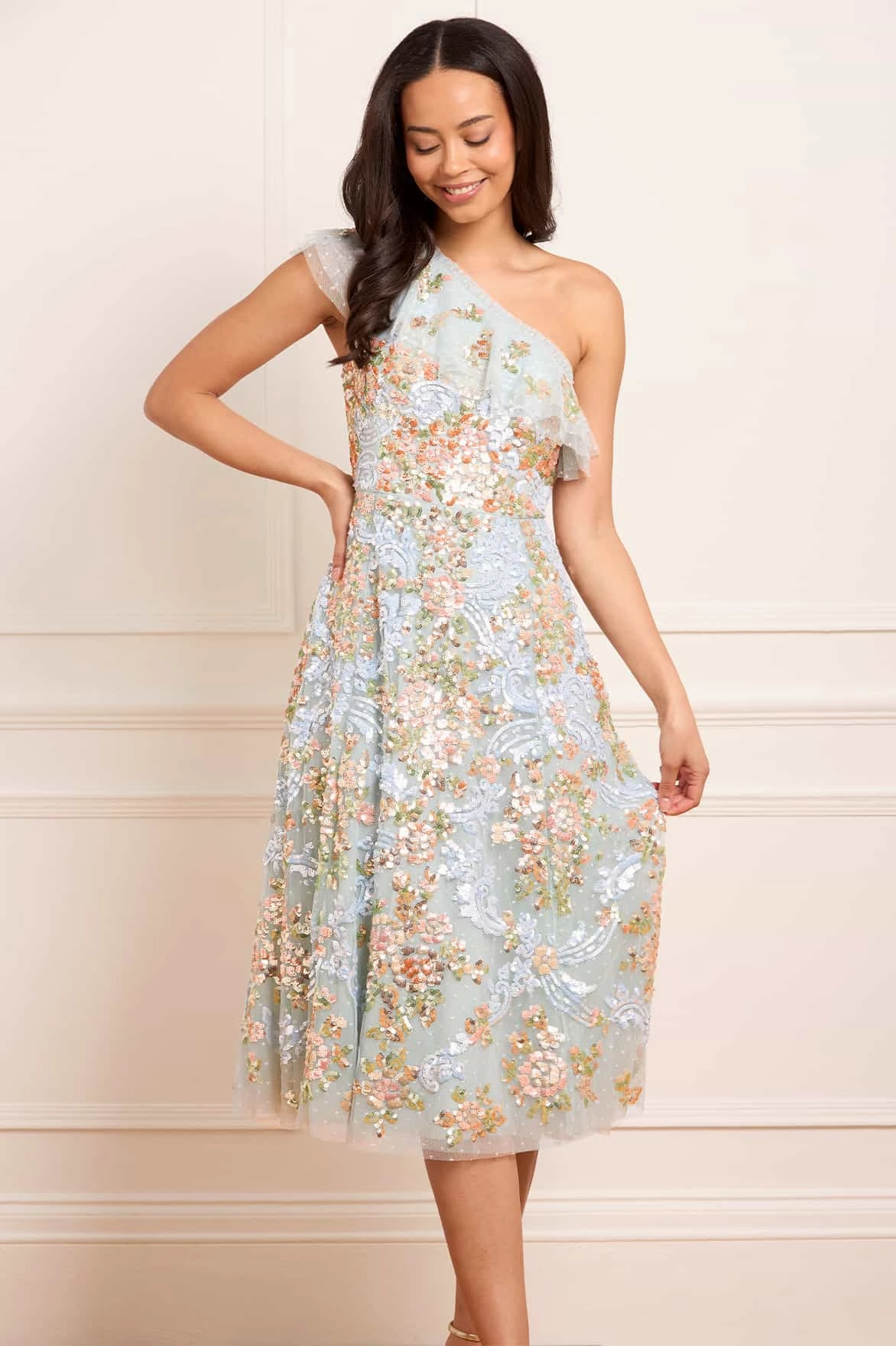 Baroque Floral One-Shoulder Midaxi Dress Flattering Look Sharp Edge