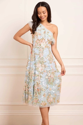 Delicate Tone Urban Chic Baroque Floral One-Shoulder Midaxi Dress